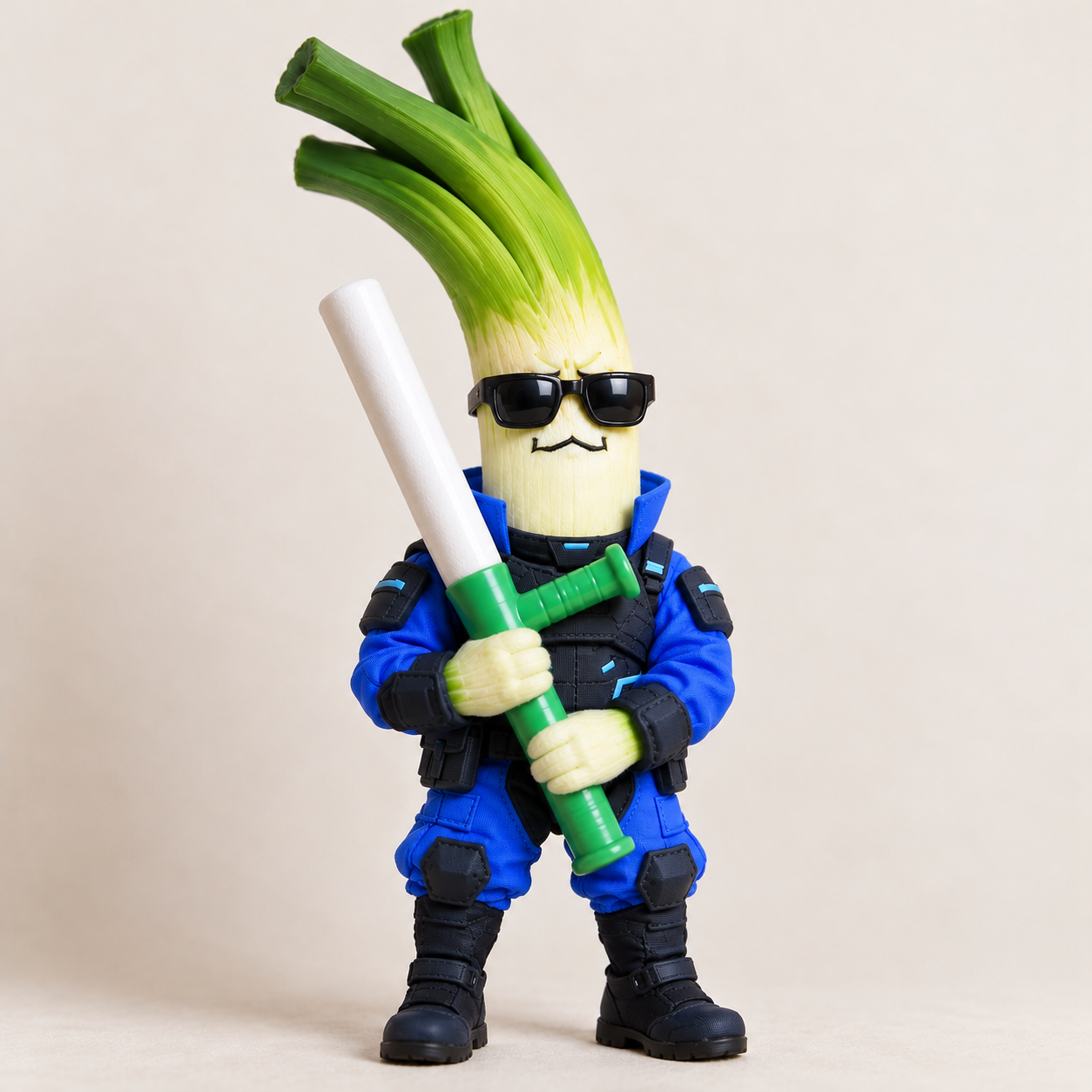 Baton Leek in blue tactical gear holding a green and white baton